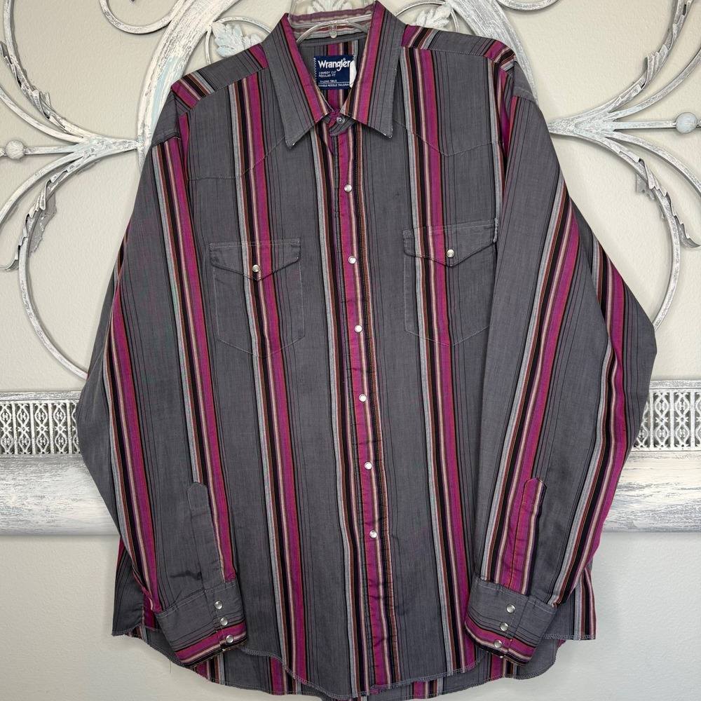 Vintage Wrangler Pearl Snap Button Western Brushpopper Cowboy Long Sleeve Sz XL